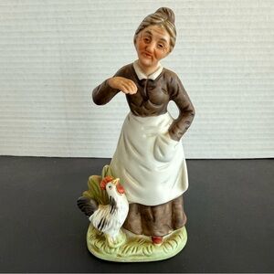 Vintage Porcelain Figurine "Old Farm Woman Feeding Chicken" Collectible Ceramics
